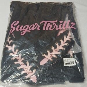 Dolls Kill Sugar Thrillz Black & Pink Lace-Up Bunny Ear Kawaii Print Jacket XXL
